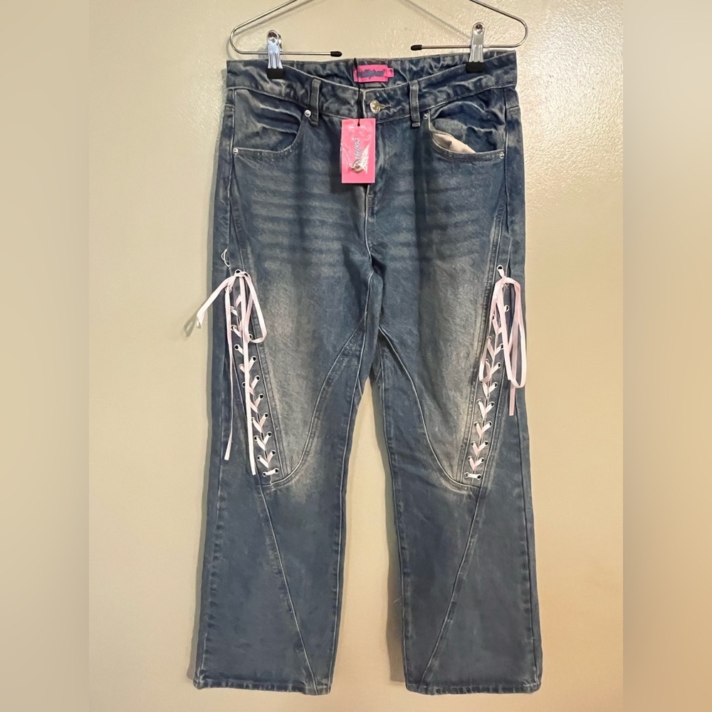 Edikted Blue and Pink Flare Leg Jeans Laced Front Size M NWT